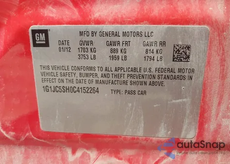 2012 Chevrolet Sonic 2Lt из США, поврежденный, VIN 1G1JC5SH0C4152264